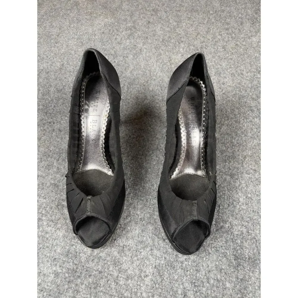 WHBM Shoes Womens 8M Black Satin Fabric High Heel Open Toe Platform Pumps Prom‎